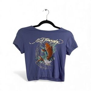 Ed Hardy Purple/Blue Tee with Orange Koi Fish Design